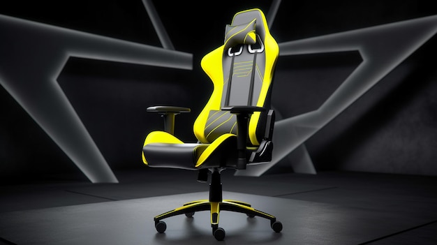 A yellow gaming chair isolated on dark room background