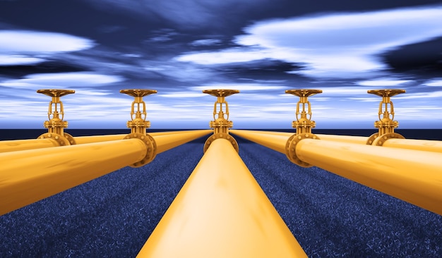 Yellow gas pipes on a background of blue grass and sky. 3d render.