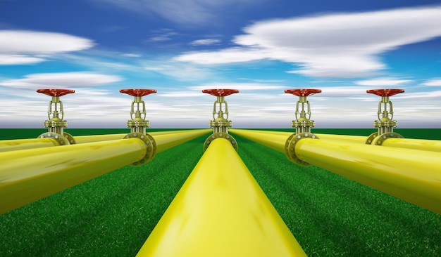 Yellow gas pipes on a background of grass and sky. 3d render.