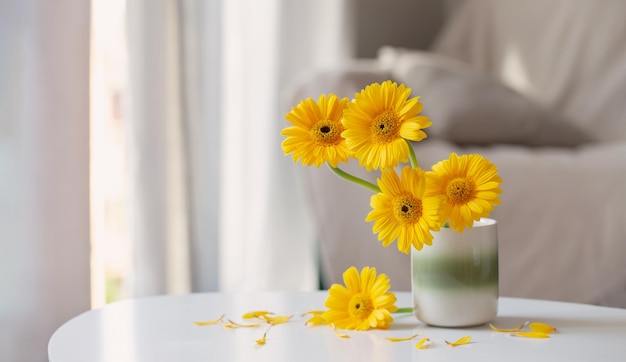 yellow gerbera in ceramic vase in light living room