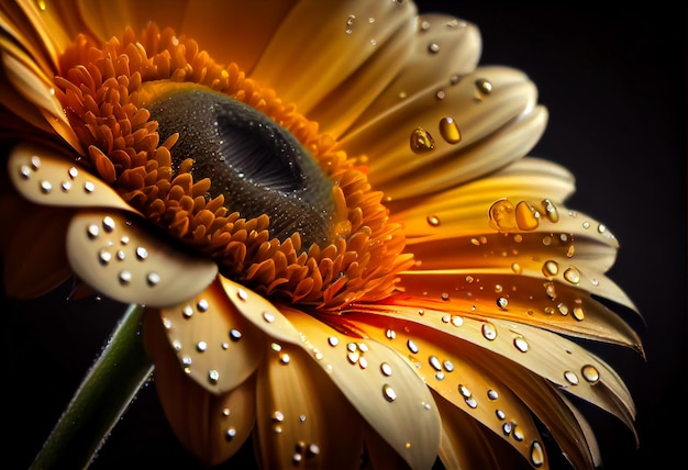 Yellow gerbera flower macro shot of a water drops falling on a flower petals Generative ai