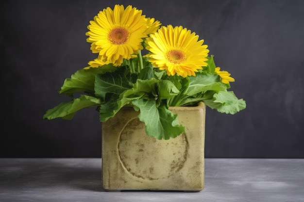 Yellow gerbera surrounded by green foliage in concrete flowerpot