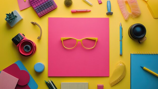 Photo yellow glasses and colorful stationery on a yellow background