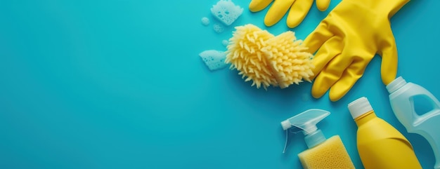 Yellow Gloves and Cleaning Supplies on Blue Background