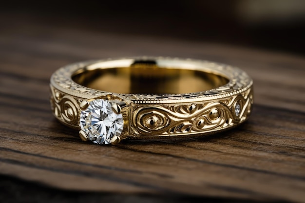 A Yellow Gold Band With A Round Diamond And Engraved Design Generative AI