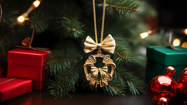 A yellow gold Christmas bow wreath pendant necklace UHD Wallpaper