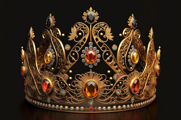 Yellow gold crown with precious stones and ornament on black background