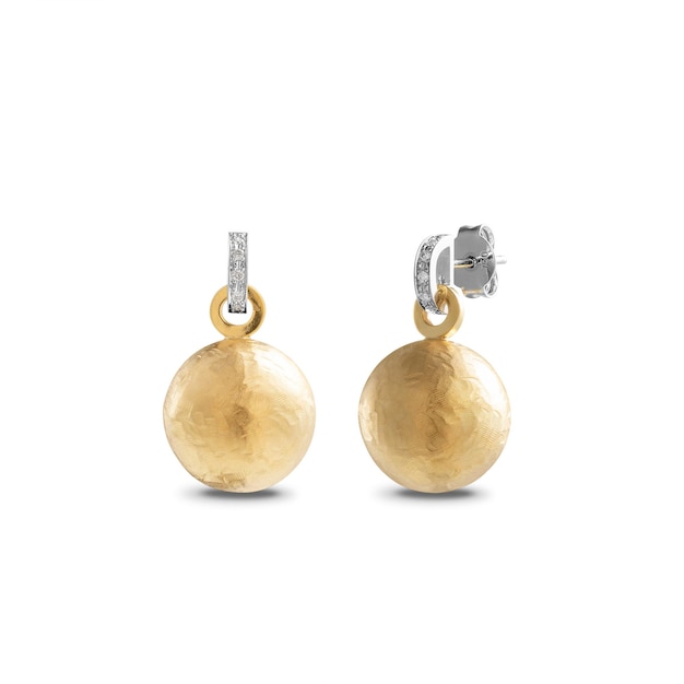 Yellow gold gemstone earrings isolated on white Front side view on luxury earclips