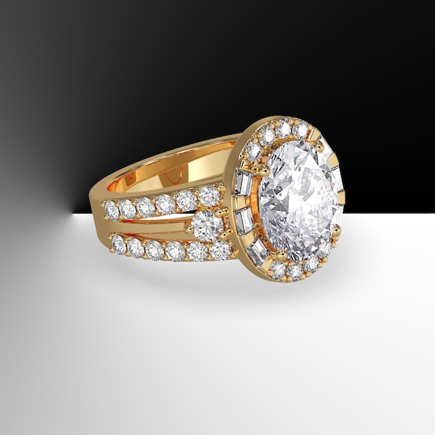 Yellow gold halo engagement ring with oval center stone and side diamonds on split shank 3d render