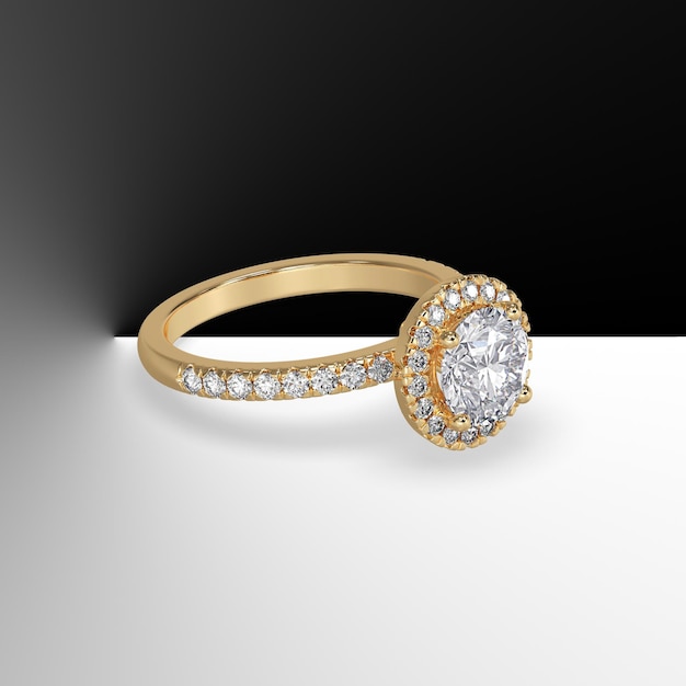 Yellow gold halo engagement ring with round center stone and side stones on shank 3d render