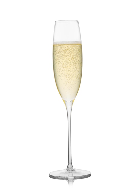 Yellow golden champagne glass on white background