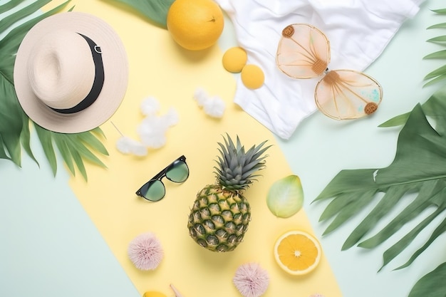 A yellow and green background with a pineapple sunglasses and a white t shirt