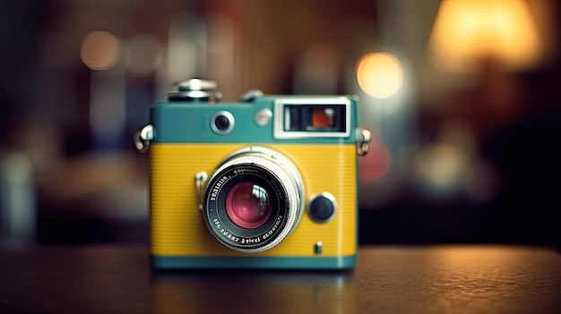 A yellow and green camera with the word nikon on the front.