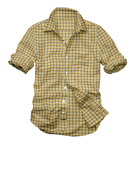 A yellow and green plaid shirt is hanging on a white background.