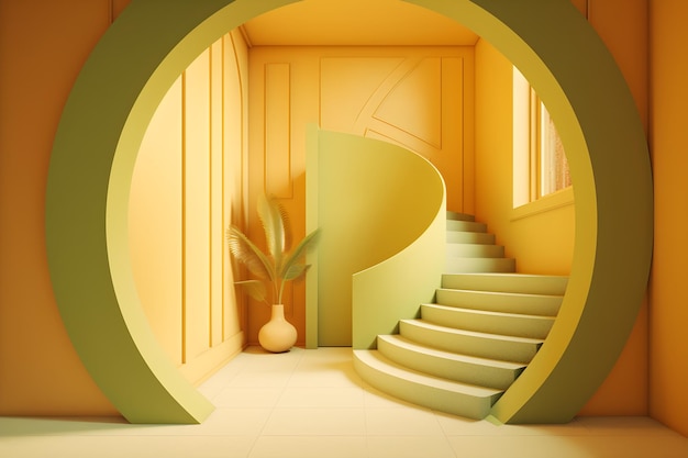 A yellow green room with spiral staircase and a plant in the middle