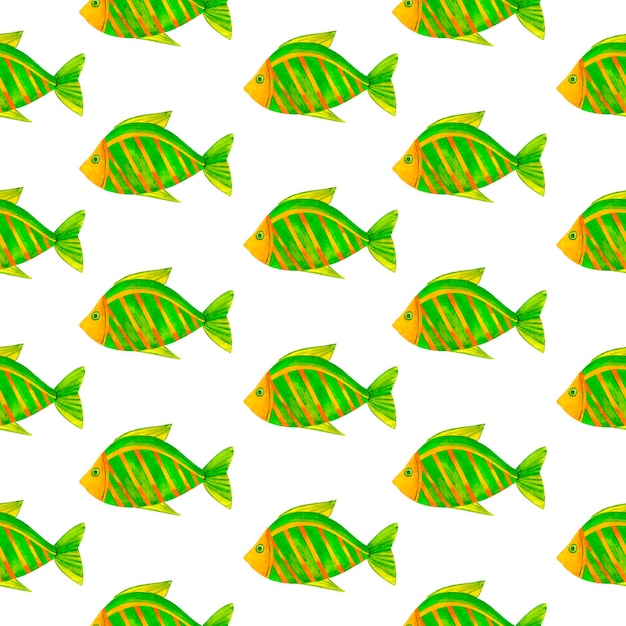 Yellow and green sea fish Marine underwater seamless pattern watercolor art in ocean kids style for decorating children room package scrapbook school nursery invitation print postcard