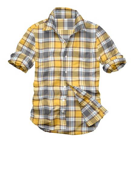 A yellow and grey plaid shirt with the word " the word " on it.