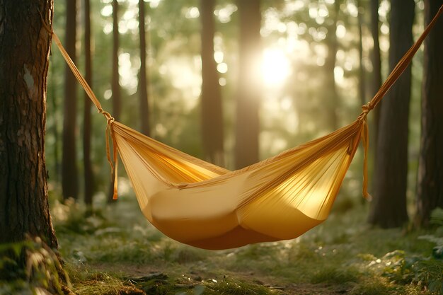 Photo a yellow hammock in the forest with the sun shining through the trees