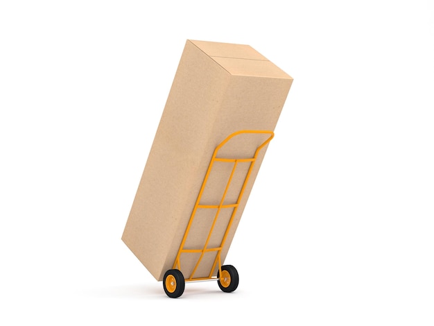 Yellow Hand Truck with large cardboard box on white background packaging for household refrigerator