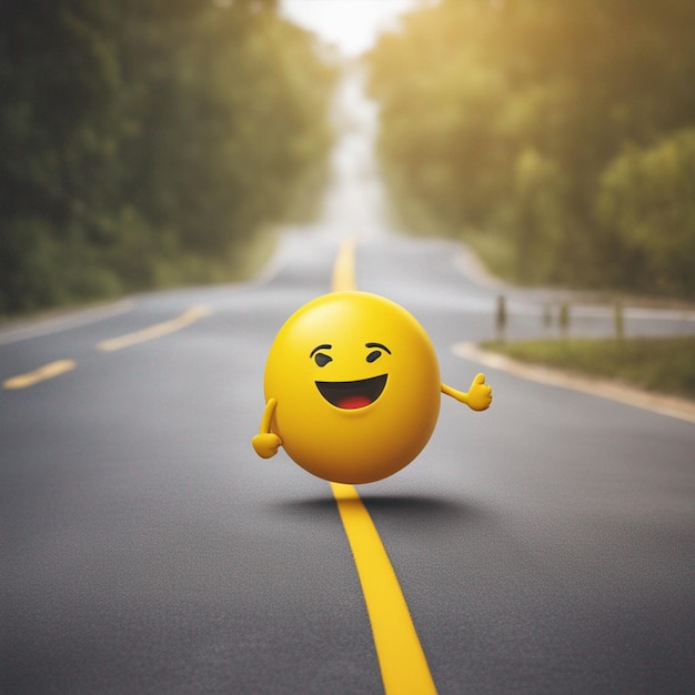 yellow happy emoji character walking on a road wallpaper