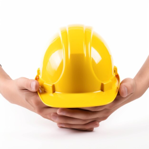 A yellow hard hat being held by two hands