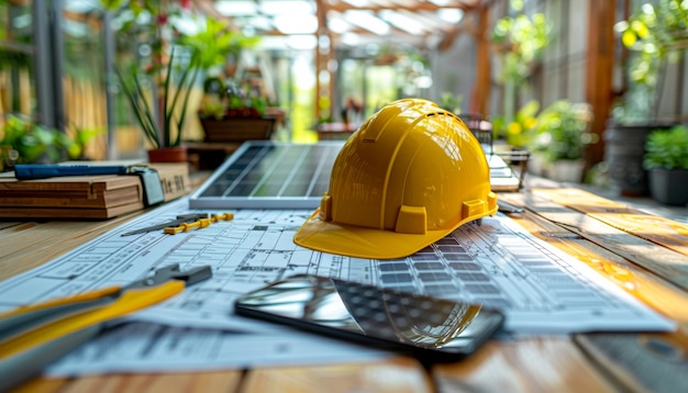 Yellow hard hat and blueprints on table A yellow construction helmet sits atop blueprints