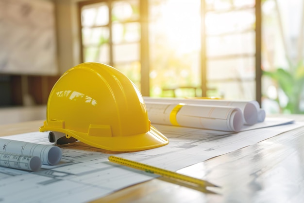 a yellow hard hat and blueprints on a table