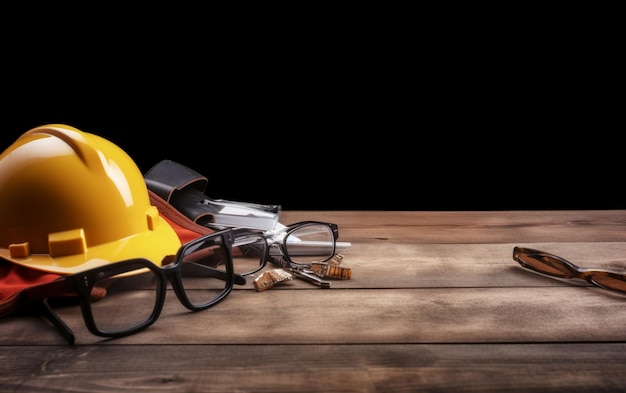 A yellow hard hat, a hard hat, and a bunch of wires on a wooden table