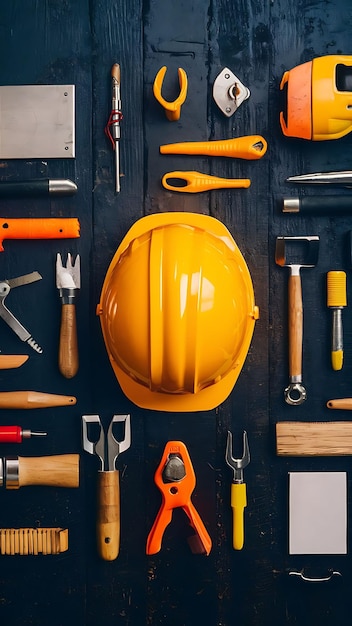 a yellow hard hat is on a black table with other tools