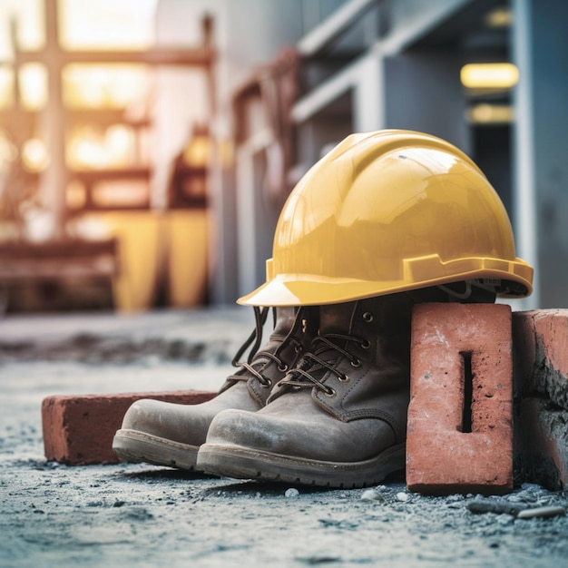 a yellow hard hat is laying on a brick wall