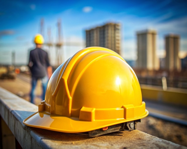 a yellow hard hat is on a ledge with a man walking by