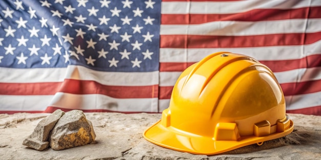 A yellow hard hat is placed on a rock next to the American flag