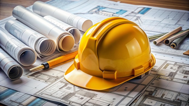 a yellow hard hat is on a table next to a construction worker