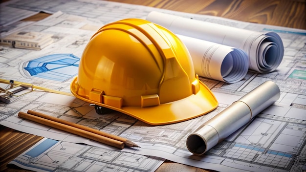 a yellow hard hat is on a table next to a ruler and pencil