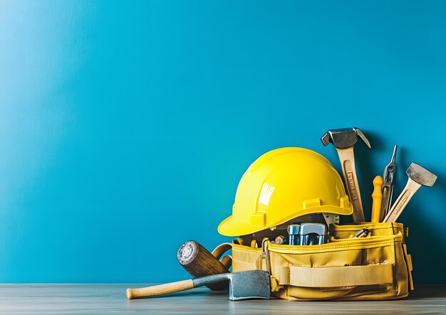 Photo a yellow hard hat is on a table with a blue background