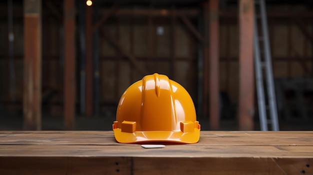 a yellow hard hat is on a wooden table