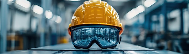 Photo a yellow hard hat and safety goggles are placed on workbench symbolizing safety and preparedness in an industrial environment