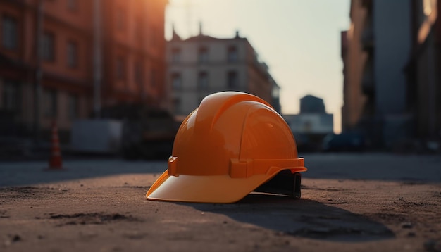 A yellow hard hat sits on a concrete surface in front of a cityscape.