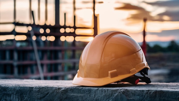 a yellow hard hat sits on a concrete surface