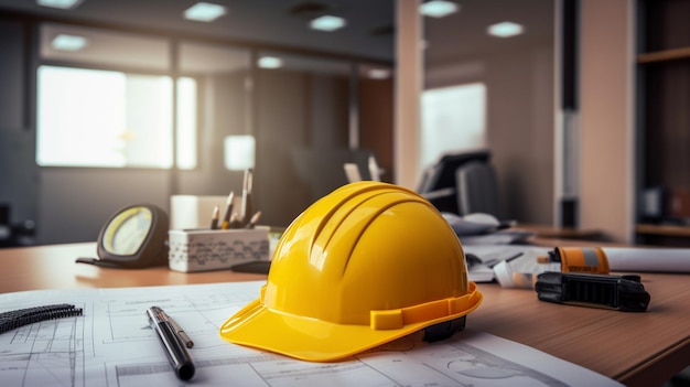 A yellow hard hat sits on a desk in an office.