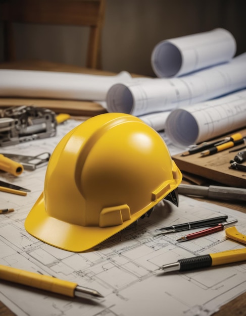 a yellow hard hat sits on a table with other construction materials