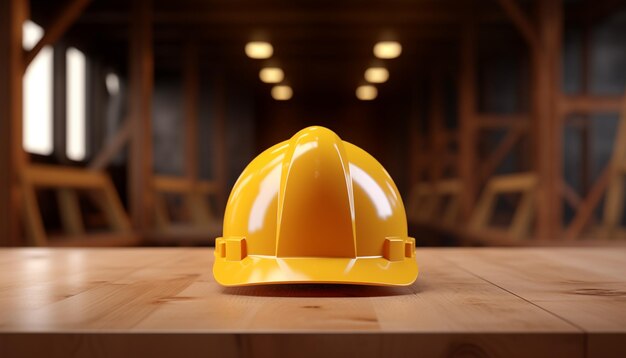 a yellow hard hat sitting on top of a table