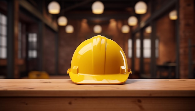 a yellow hard hat sitting on top of a table