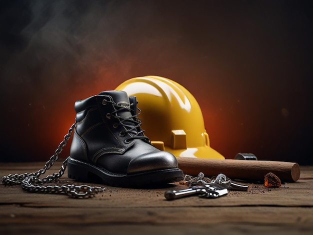 a yellow hard hat with a chain and a firewood