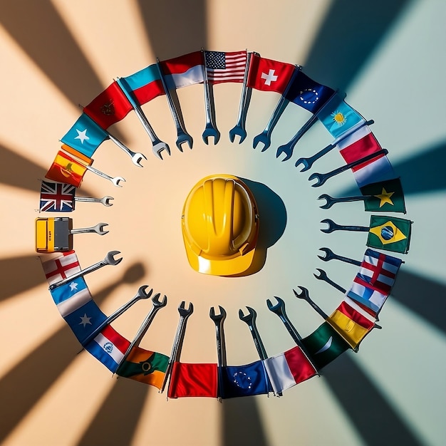 a yellow hard hat with flags around it and a yellow hard hat on it