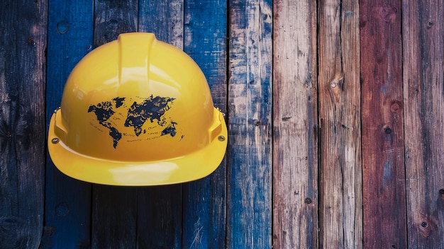 a yellow hard hat with the world on it