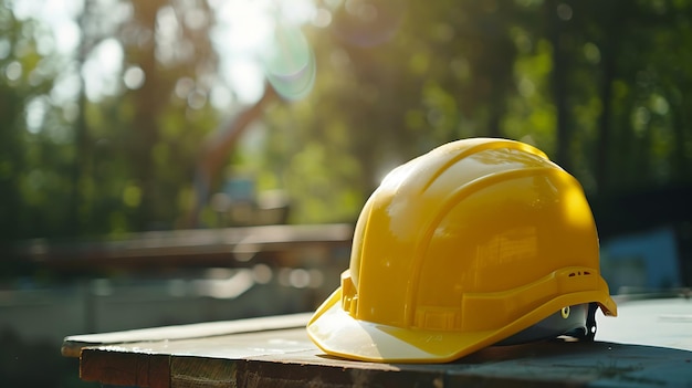 Yellow hard hat on wooden table in construction site Safety concept