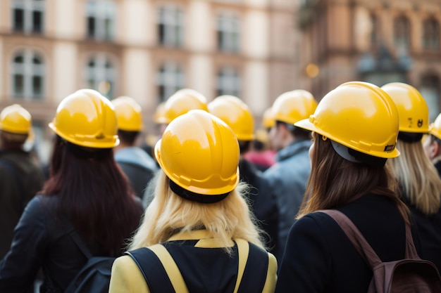 Yellow Hard hats construction workers working in the city streets