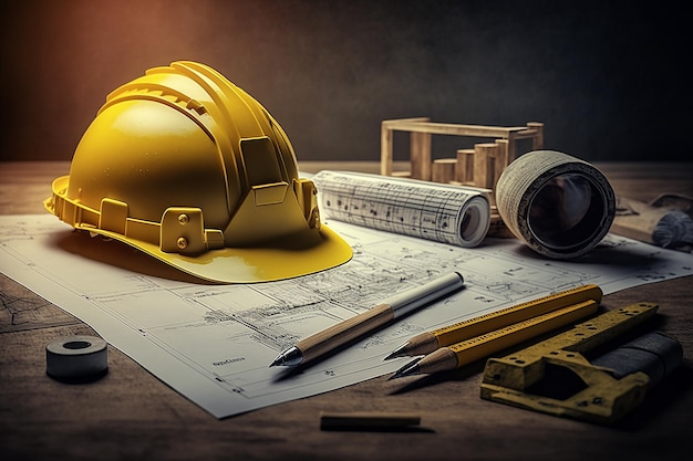 Yellow hard safety helmet hat and architectural blueprints Illustration AI Generative