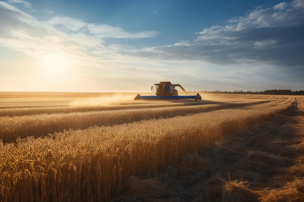 Yellow harvester harvesting golden wheat in vast plantation generative IA